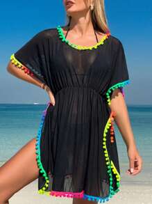 Swim Lushoire 女士圆领沙滩罩衫，带绒球边缘和褶皱腰，适合夏季度假 - 黑色 - 查看 3