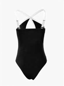 INAWLY Plus Size Women Contrast Color Criss-Cross Halter Bodysuit