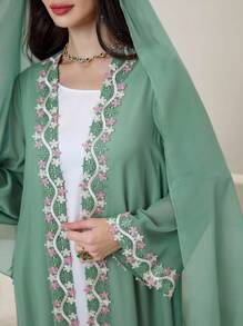 Al Najma Spring/Summer Kaftan With Headscarf, Lapel, Floral Trim Bell Sleeves, Flowing Maxi Silhouette, Arabic Style Robe, Modest Abaya - Green - View 8