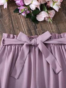 SHEIN Leap Crew Teen Girl Spring & Summer Girl Pink Heart Round Neck Flying Sleeve White Vest T-Shirt & Pink Flower Bud Pants Pleated Strap Wide-Leg Pants Suit, Casual Daily ,Spring Picnic Everyday Wear,Suitable For Various Occasions - Dusty Pink - View 5