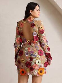 Anewsta 大码女式花卉刺绣修身迷你连衣裙，优雅春季 - 杏色 - 查看 3