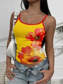 INAWLY Y2K Hibiscus Flower Printed Sexy Camisole Crop Tank Top - Multicolor - View 1