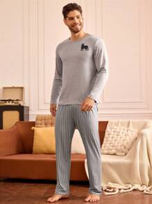 Conjunto de pijama para hombre con parte superior de manga larga con estampado de gatos y pantalón largo a rayas