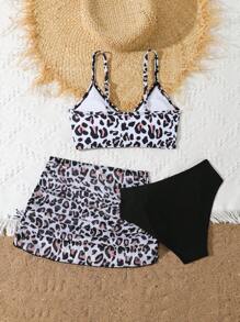 Set de 3 piezas Traje de baño tipo tankini con estampado para niña preadolescente - Negro - Ver 2