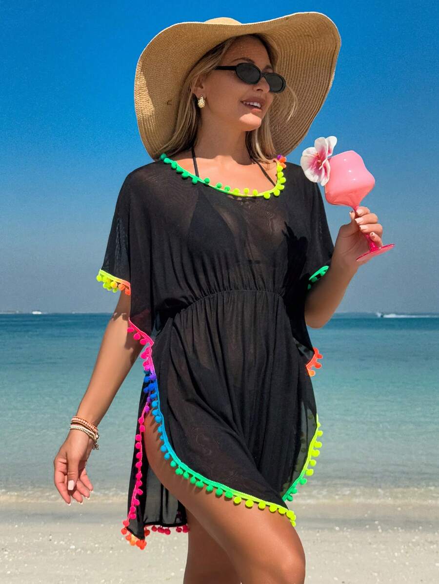 Swim Lushoire 女士圆领沙滩罩衫，带绒球边缘和褶皱腰，适合夏季度假 - 黑色 - 查看 1