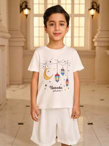 2pcs/Set Young Boy Ramadan Monochrome Retro Print Graphic T-Shirt - Black and White - View 4