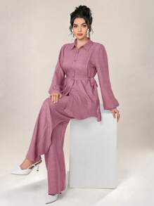 Graceveil Women 2pcs Set Front Button Long Sleeve Casual Blouse And Trousers 2 Pieces Set Modest Fall Cloth For Women - Pink - View 6