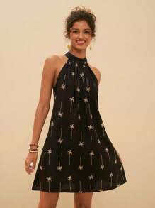 Travachic Robe mini décontractée de vacances pour femmes avec imprimé arbre de noix de coco sur la bretelle