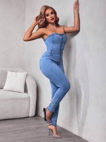 SHEIN SXY Women's Casual Washed Fitted Sleeveless Denim Jumpsuit - Light Wash - View 4
