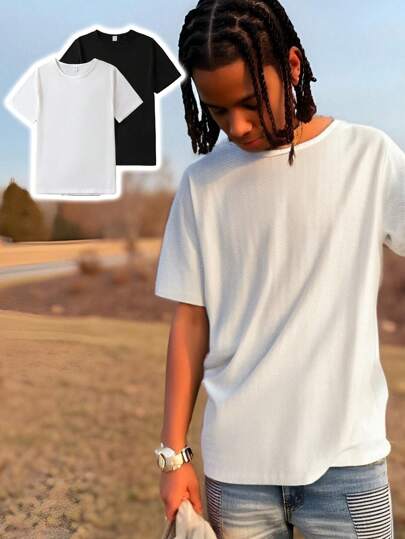 SHEIN Explorewe Set de 2 camisetas de unicolor para adolescentes varones, diseño clásico práctico y versátil con diferentes combinaciones de colores, suave y cómodo