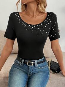 SHEIN Privé Women's Faux Pearl Decor Casual Slim Fit Open Shoulder Short Sleeve Top - Black - View 6