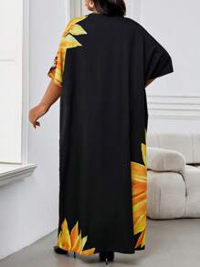 SHEIN Lady 春夏休闲优雅波西米亚风黑色编织缺口直筒蝙蝠袖长袍连衣裙长款大码连衣裙沙滩装度假装女士沙滩装女士度假装女士沙滩度假装女士沙滩春季装 - 彩色 - 查看 2