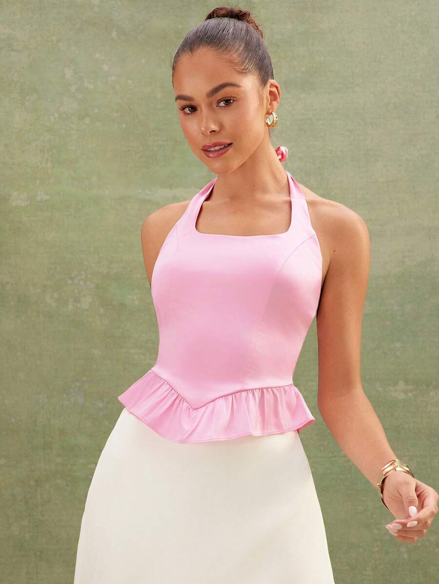 L'Amorae Elegante top de verano sin mangas con cuello halter, detalle de fruncido, volante en el bajo y lazo en la espalda, de satén, para mujer - Rosa - Ver 1