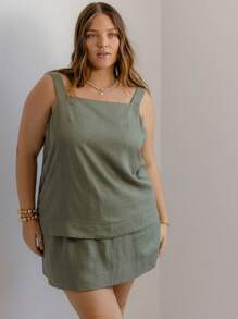 Aralina Curve Relaxed Fit Layered Square Neck Tank And Shorts Set - Army Green - View 4