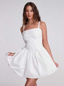 SHEIN BAE Women's White Summer Elegant Floral Embroidery Camisole Ballet Mini Dress,Mama Mia Birthday Party Wedding Guest Graduation Bridal Shower - White - View 4