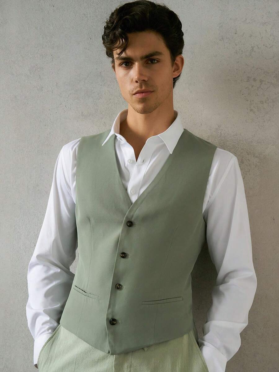 Manfinity VCAY Slim Fit Men's Woven Casual Vest - Green - View 1