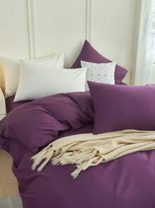 2/3件套紫色被套套装，纯色柔软亲肤被套套装，简约风格，舒适透气，适用于单人床/双人床/大号床/特大号床/加州特大号床 - 卧室、客房、宿舍的理想之选，包含1件被套和1/2件枕套（不含填充物），可机洗床上用品 - 紫色 - 查看 7