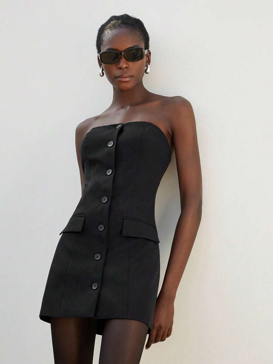 Aveloria Modichic 简约优雅通勤百搭前扣短款连衣裙 - 黑色 - 查看 1