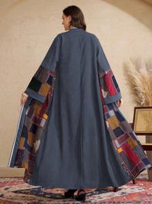 Al Najma 2 chiếc/bộ áo khoác cardigan dài in họa tiết chắp vá cho nữ và váy không tay - Màu xanh bụi bặm - Xem 2