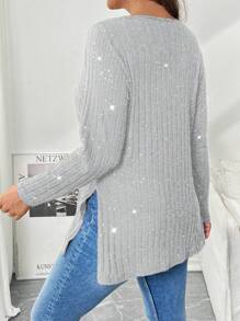 SHEIN Essnce Plus Size Gray Top For Women: Stylish V-Neck T-Shirt With Long Sleeves And Sparkle - Light Grey - View 2