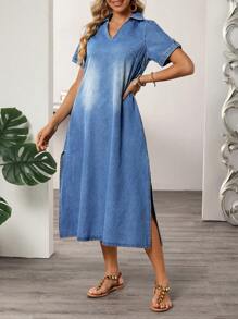 SHEIN LUNE 女士假日休闲洗水牛仔连衣裙 - 藍色 - 查看 3