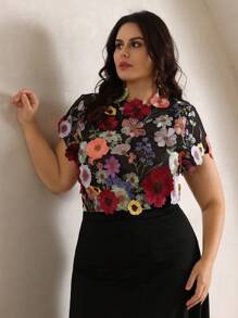 Anewsta Plus Size Women Summer, Holiday, Festival Floral Embroidered Decorated Blouse - Black - View 1