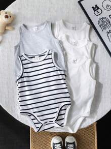 5件套新生儿男女宝宝夏季可爱针织条纹无袖连体衣，室内/室外基础叠穿套装 - 彩色 - 查看 5
