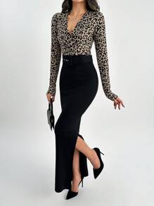 SHEIN Tall Leopard Extra Long Stretch Dress With Belt - Black - View 1
