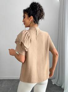 SHEIN Clasi 女士条纹印花褶饰抽绳衬衫 - 卡其色 - 查看 2