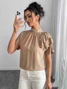 SHEIN Clasi 女士条纹印花褶饰抽绳衬衫 - 卡其色 - 查看 5