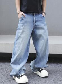 Manfinity EMRG 男士口袋阔腿宽松休闲百搭牛仔裤 - 淺色水洗藍 - 查看 1