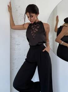 Firerie 情人节新款优雅浪漫性感派对约会黑色蕾丝拼接缎面职业衬衫，适合毕业、教师节、返校季等场合。 - 黑色 - 查看 5