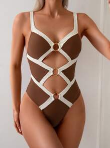 SHEIN Swim 1pc Women's Vacation Beach Contrast Color Splice Hollow-Out Camisole Monokini For Summer