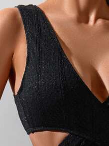 SHEIN Swim Women Solid Color Sleeveless Hollow Out Minimalist Fitted One Piece Swimsuit For Summer Beach Vacation - Black - View 5