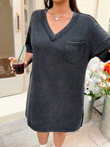 Muchica 大码女式落肩休闲宽松 V 领黑色雪花印花连衣裙 - 黑色 - 查看 3