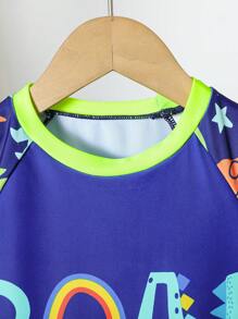 2pcs Boy "Young Boy" Letter Print Raglan Sleeve T-Shirt And Shorts Swimsuit Set (Printed Design) - Multicolor - View 3