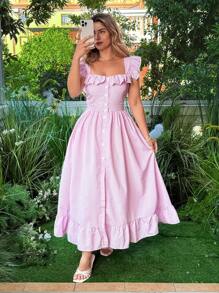 Flirla Plus Size Women Striped Print Ruffle Hem Long Skirt - Pink - View 5