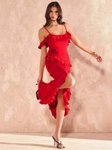 SHEIN BAE Spring/Summer Solid Red Asymmetrical Hem High Slit Multi-Layer Ruffle 3D Floral Decor Long Tank Dress, Vacation Dress, Bridesmaid Mini Dress, Valentine's Day Dress, Red Dress, Birthday Mini Dress