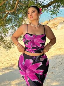 Flirla 2pcs/Set Plus Size Women Floral Print Camisole & Extra Long Skirt Co-Ord Set, Vacation Beach - Multicolor - View 6