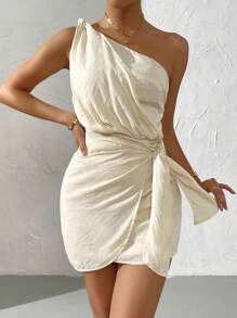 SHEIN Belle Vestido unicolor de un hombro con nudo - Albaricoque - Ver 5