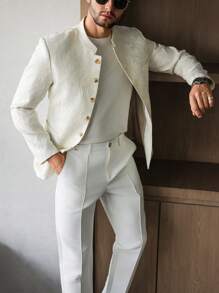 Manfinity Homme 男士长袖提花单排扣时尚西装外套 男士正装 男士时尚 男士派对西装外套 - 米色 - 查看 6