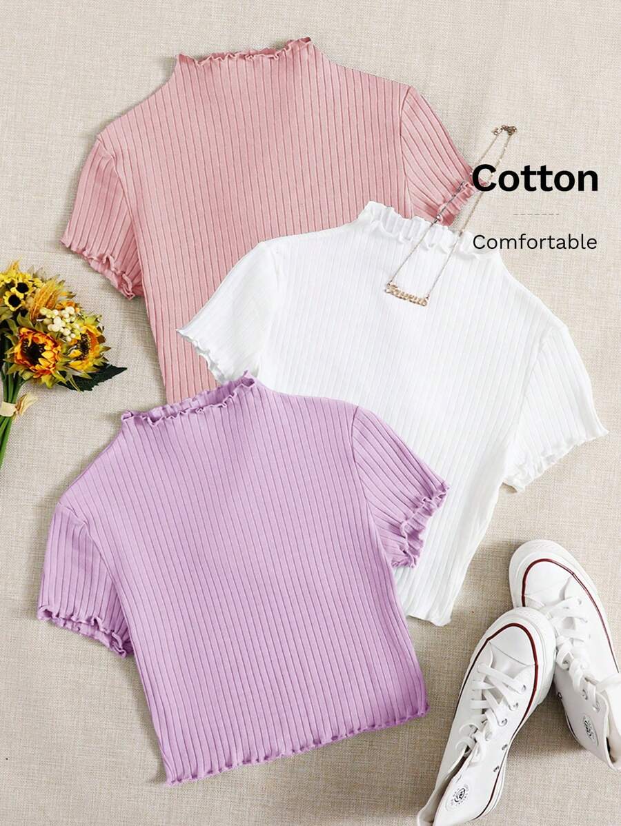 SHEIN EZwear 女士夏季流行針織T恤,有波浪邊的設計,多件套裝 - 彩色 - 查看 1