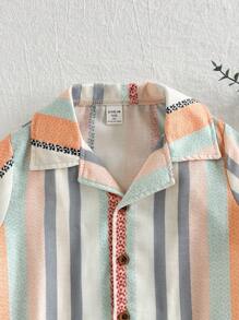 Vintaside Kids 年轻男孩休闲花卉条纹图案翻领短袖衬衫上衣，夏季 - 橘色 - 查看 6