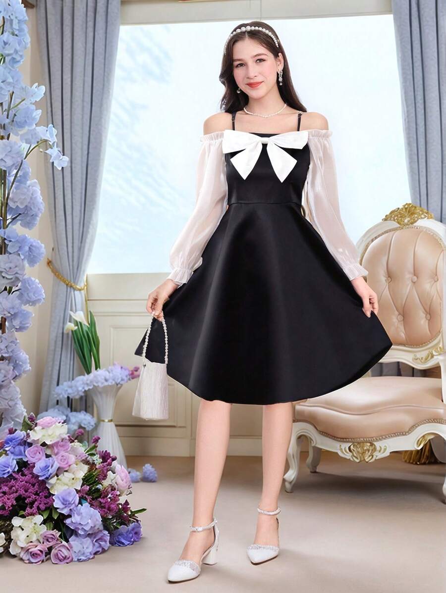 Holiday,Summer,Travel  Teen Girls Dresses, Suitable For Party, Wedding, Valentine's Day Gift, Flower Girl - Black Waist Cinching Knee-Length Dress With Satin Finish, Sheer Organza Long Sleeves With Ruffle Trim, Front Decorative Bow, Elegant, Luxurious, Suitable For Outing, Family Gathering, Party, Birthday - Multicolor - View 1