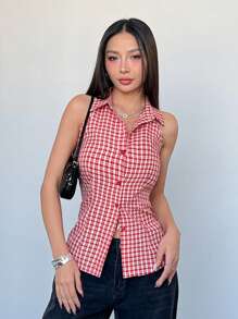 SHEIN Unity Minimalist Checkered Sleeveless Shirt For Women, Suitable For Commuting In Summer - Red and White - View 6