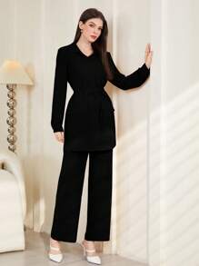 Seusyu 勃艮第红色女士纯色简约休闲长袖上衣和裤子套装 2 件套