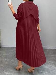 Elenzga Váy sơ mi lưng nhún màu trơn thường ngày cỡ lớn - Màu Đỏ Sâu - Xem 5
