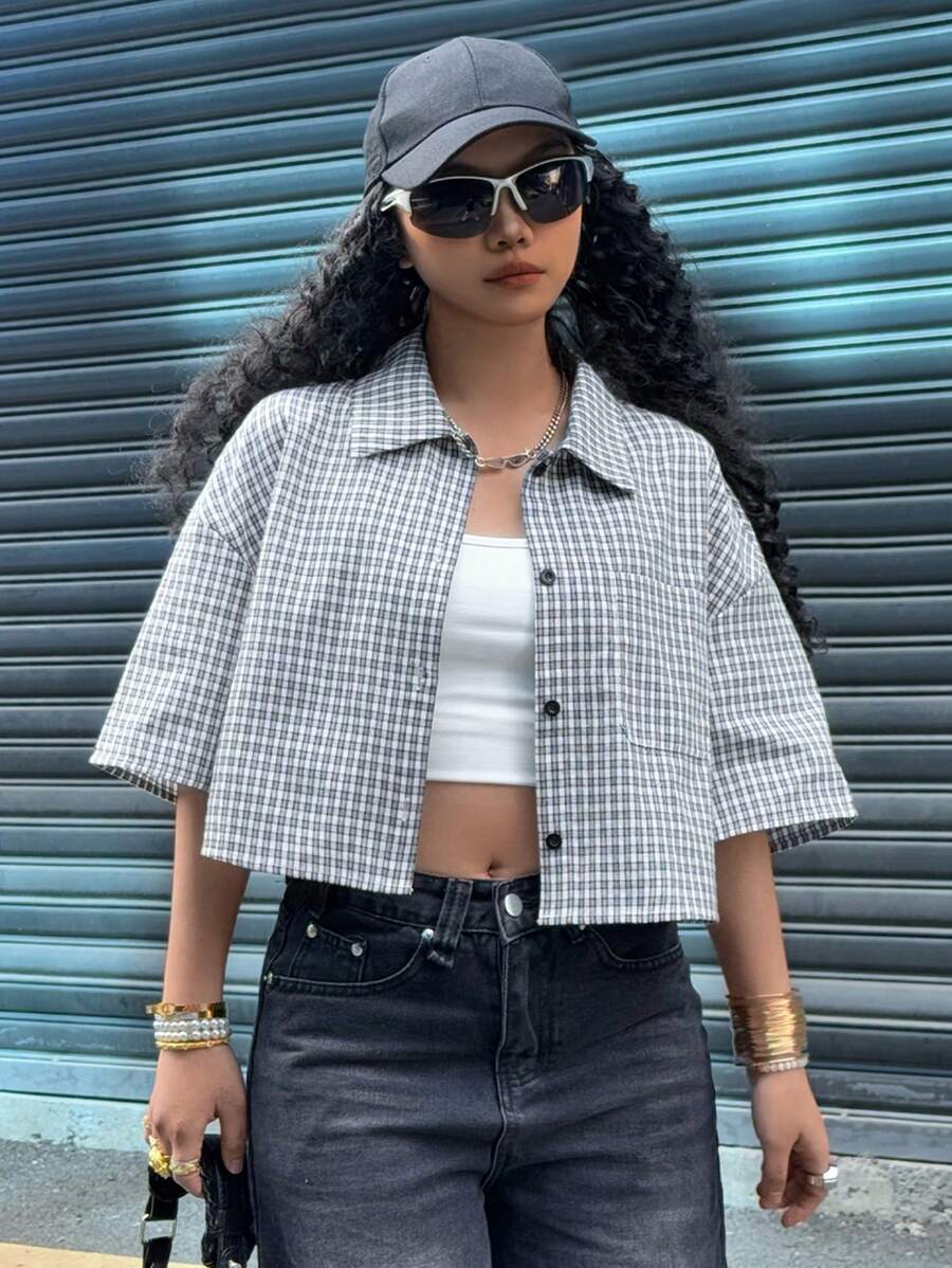 Coolane Damen Frühlings-/Sommer Alltagsmode Preppy Sportswear Ausgehoberbekleidung kariertes lässiges Kurzhemd - Schwarz und Weiss - Übersicht 1