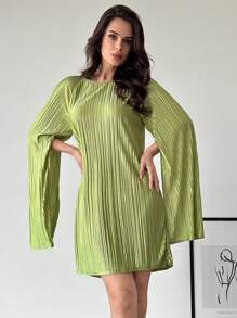 SHEIN Privé 女士优雅褶皱绿色斗篷连衣裙 - 綠色 - 查看 3