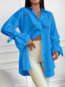 EURMUSE Floral Embroidery Knot Cuff Drop Shoulder Shirt - Blue - View 4